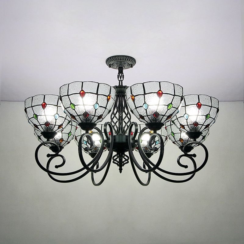 Bowl Chandelier Lighting with Dimpled Clear Glass Tiffany Style Multi Light Ceiling Hanging Light