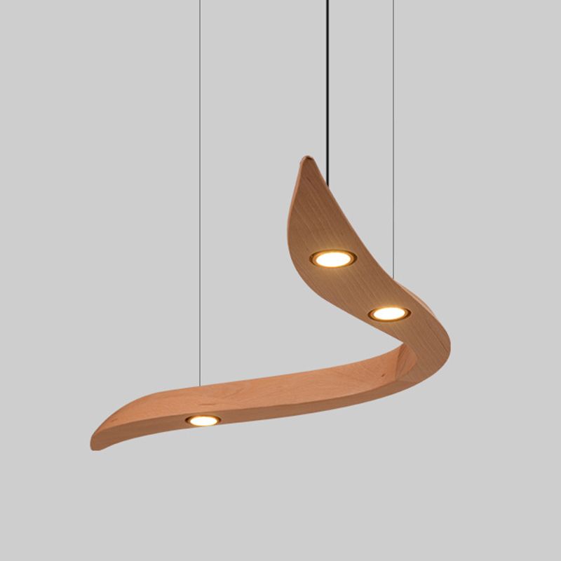 Minimalist Novelty 3-Light Pendant Curved Pendant Light with Wooden Shade for Bar