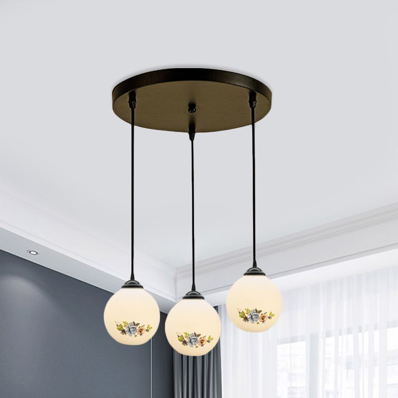 3 Heads Orb Multi-Pendant Modernism Black Finish White Frosted Glass Hanging Light Kit with Flower Pattern and Round/Linear Canopy