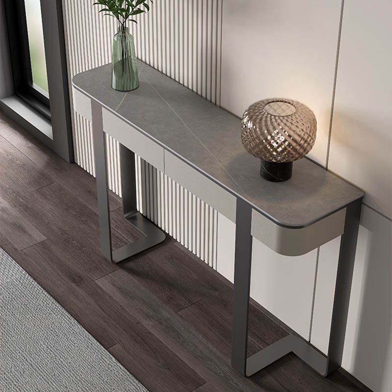 Modern Rectangular Console Table Stone Console Sofa Table in Grey/Gold