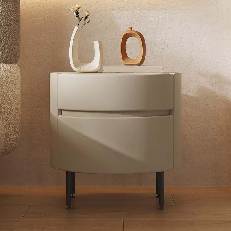 Oval Faux Leather Surface Nightstand with Storage Wood 2 Drawers Nightstand
