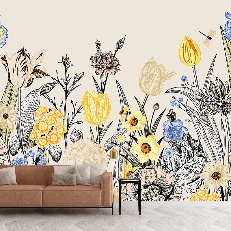Illustration Garden Blossom Big Mural Wallpaper for Home Decoration, Personalized Sized Available