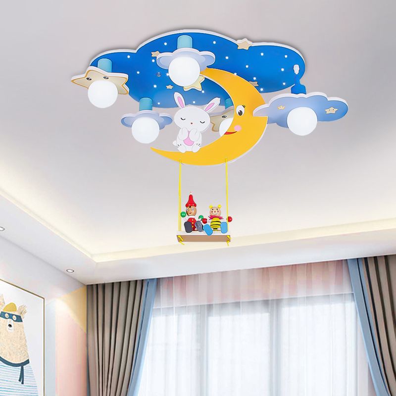 Wood Starry Sky Semi Flush Lamp Cartoon 5 Heads Pink/Blue and Yellow Flush Ceiling Light with Rabbit Deco