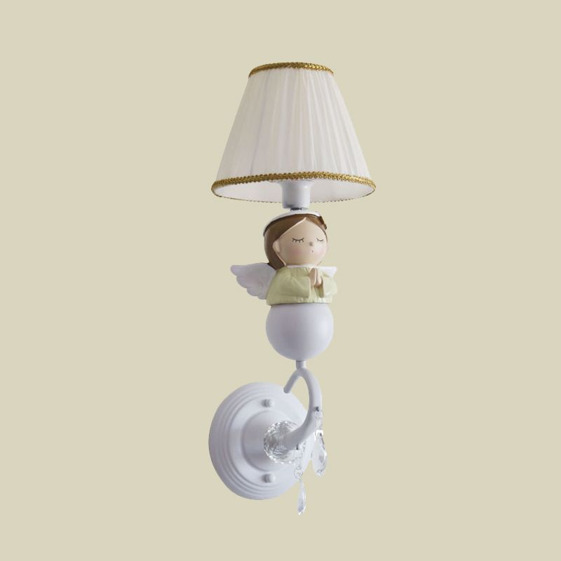 Fabric Barrel Wall Light Fixture Cartoon 1-Head White Wall Sconce Lamp with Resin Angel Design
