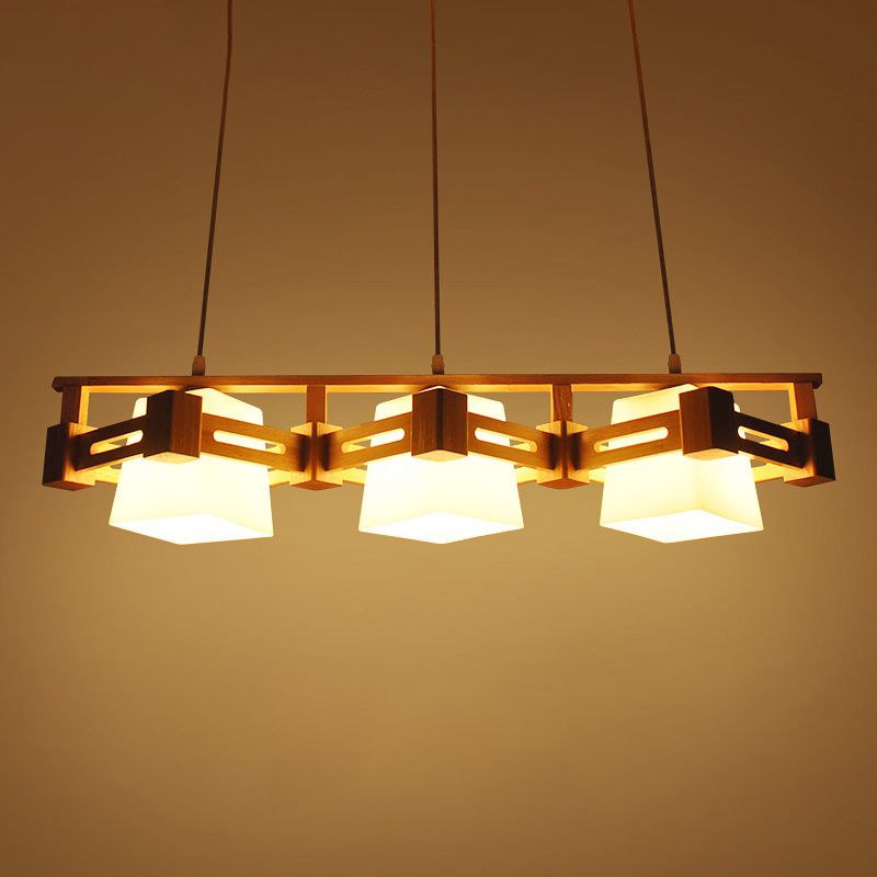 Japanese Trapezoid Hanging Light Cream Glass 3 Bulbs Dining Room Island Ceiling Light in Wood