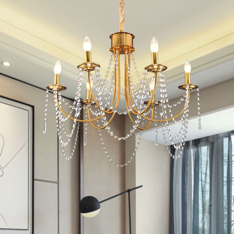 6 cabezas estilo vela colgante de techo lámpara de techo de cuentas de cristal de oro moderno