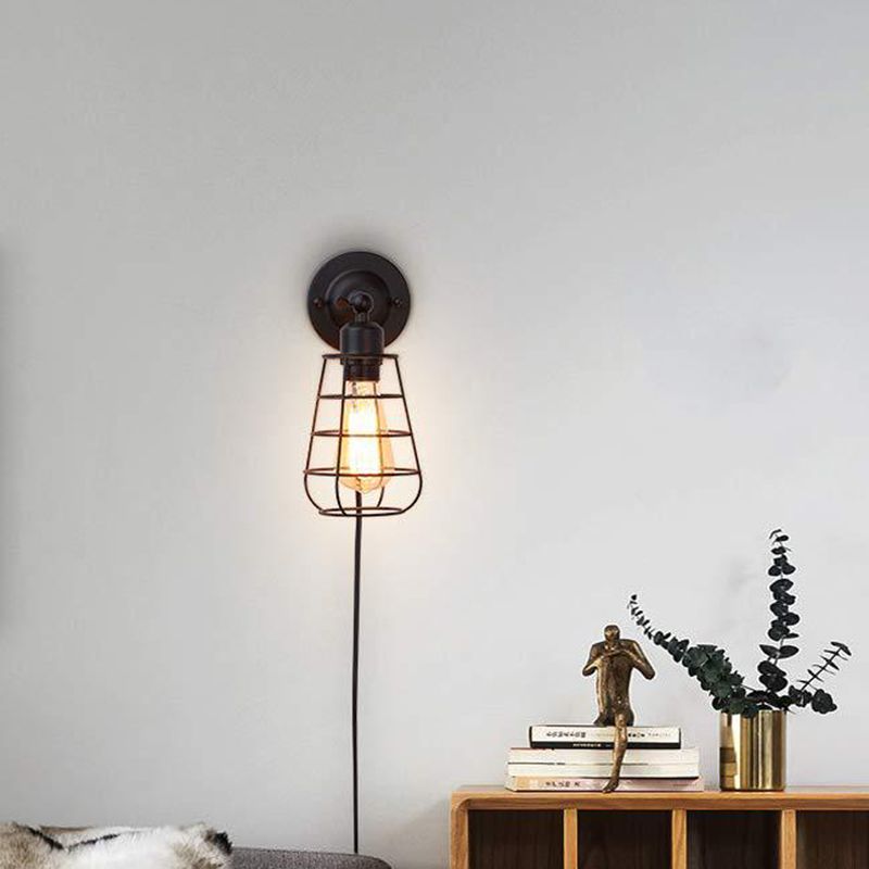 Warehouse Caged Wall Lighting Fixture 1/2 Bulbs Metallic Plug-in Pendant Light Black for Restaurant
