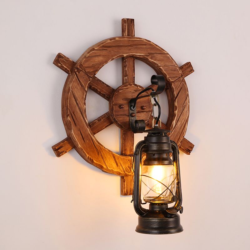 1 Bulb Kerosene Wall Mount Lamp Industrial Brown Clear Glass Wall Light Fixture with Wood Backplate