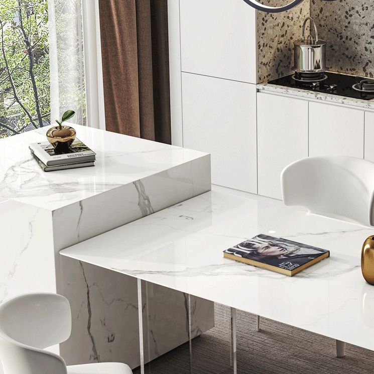 Modern White Dining Table Rectangle Sintered Stone Dining Table with Acrylic Base for Kitchen
