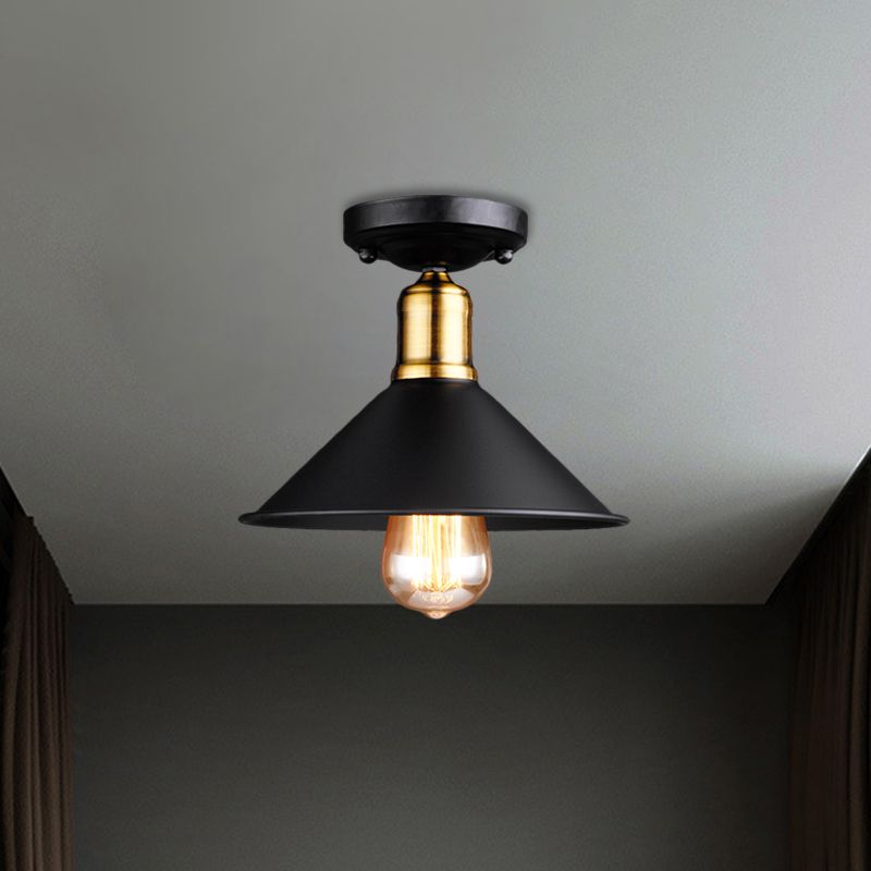 1 Light Conic Semi-Flush Mount Light Vintage Stylish Black/White Metallic Close to Ceiling Lighting