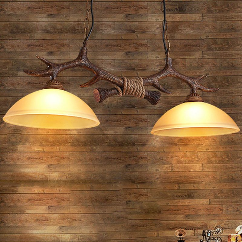 Verre Beige Dark Coffee Pendant Light Dome 2 Heads Restaurant Hanging Island Light With Antler Decor