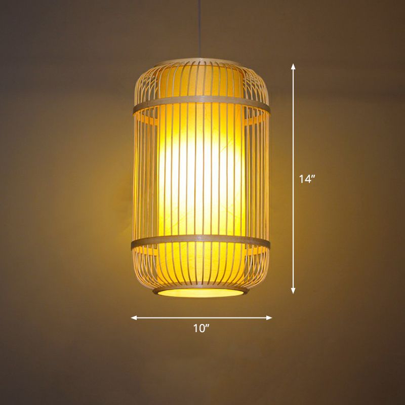 Cage Shade Suspension Lighting Modern Bamboo 1 Bulb Wood Pendant Light for Balcony