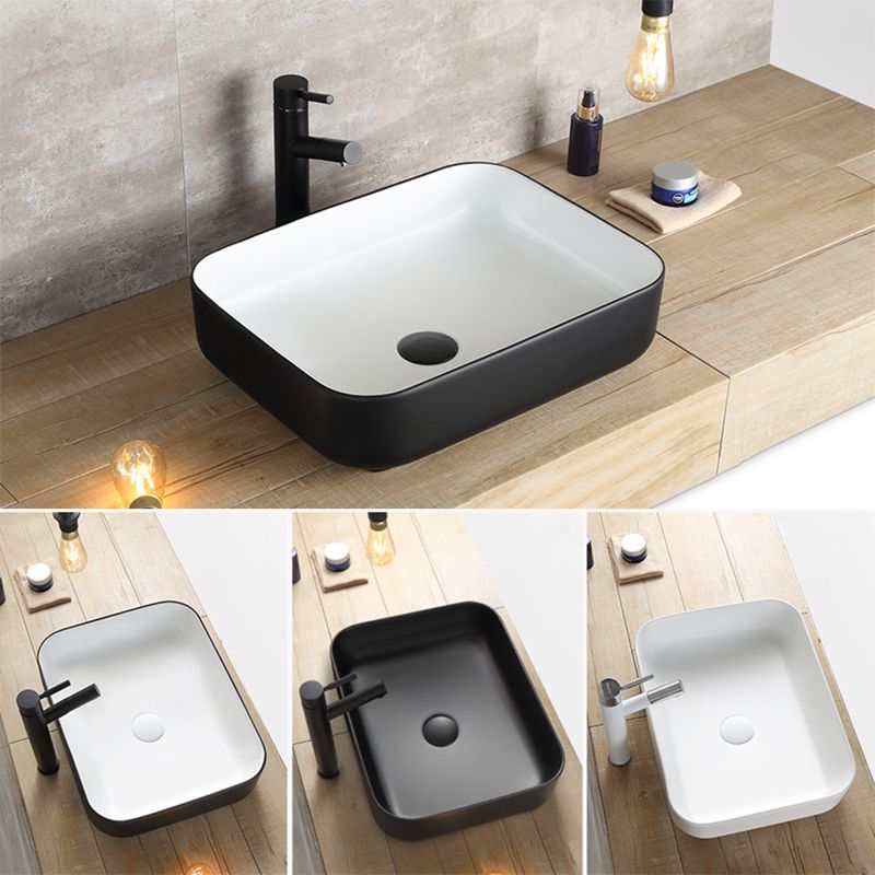 Modern Bathroom Sink Porcelain Rectangular with Pop-Up Drain and Faucet Wash Stand