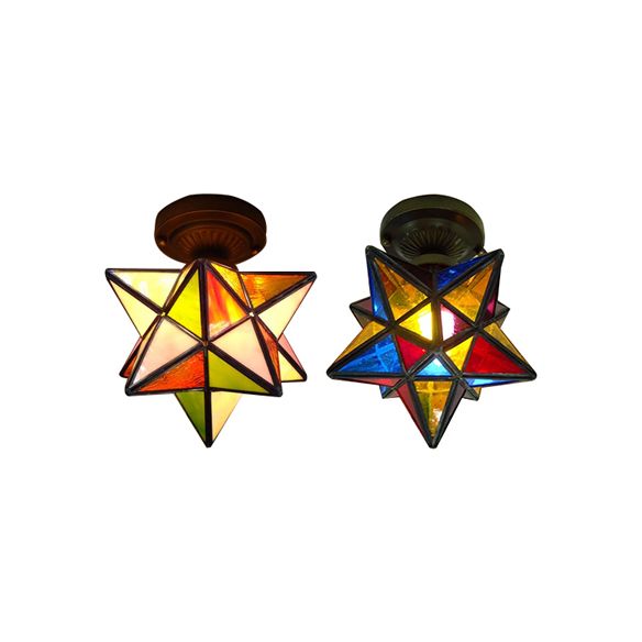 1 Head Star/Polygon Shaped Flush Ceiling Light Tiffany Colorful Glass Flush Mount Light for Corridor