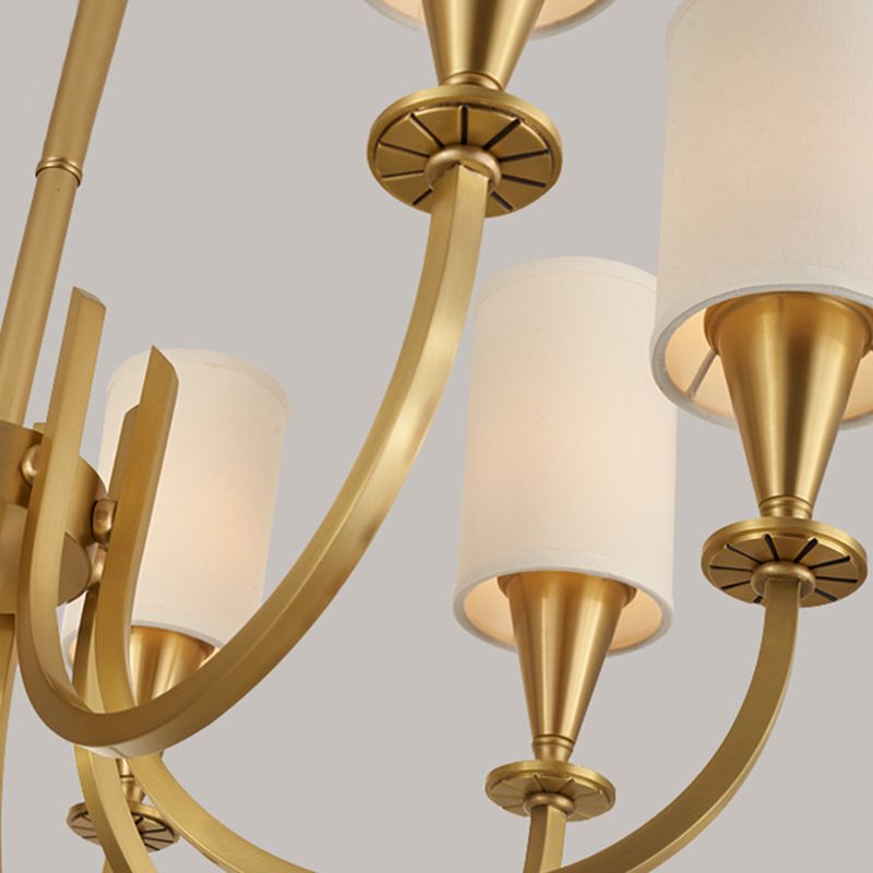 American Rustic Style Copper Chandelier Multi-lights Cylindrical Fabric Shade Hanging Light in Gold