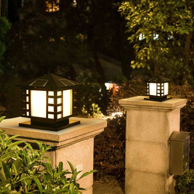 Metal Rectangle Shape Solar Pillar Lamp Modern 1 Light Waterproof Outdoor Light in Black