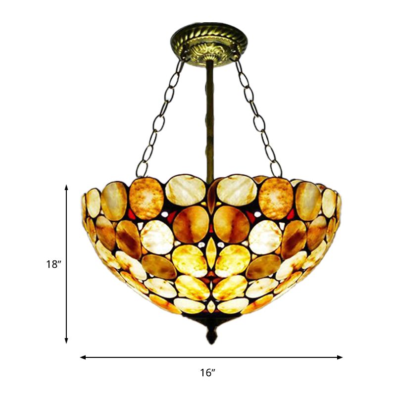 3 Lights Semi Flush Mount Mediterranean Bowl Shade Stone Ceiling Lamp in Antique Brass