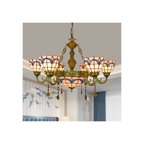 Country Bowl Hanging Pendant Stained Glass 7 Heads Tulip Chandelier in Brass Finish for Living Room