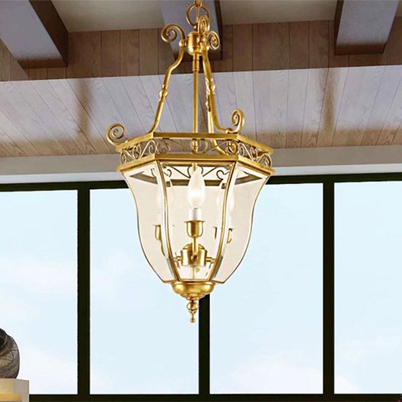 Messing verjüngter Kronleuchter Lampe Retro 3 Köpfe klare Glasdecke Anhänger Licht für Balkon