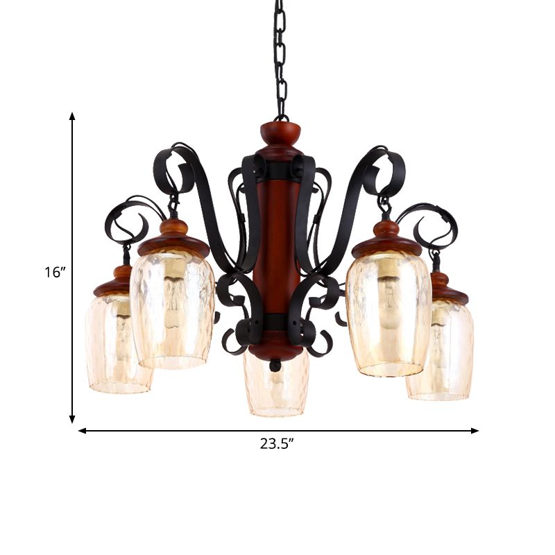 5 Lights Cylinder Ceiling Pendant Light with 27.5" Metal Chain Country Suspension Light in Black