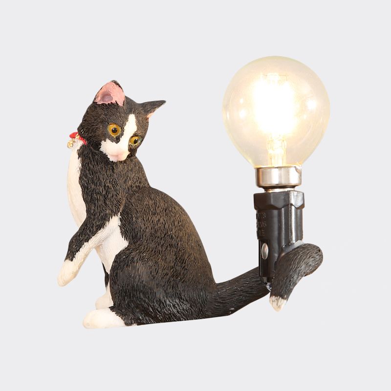 Tabby Cat Holder Table Lampe Kids Iron 1 ampoule Noir / Jaune / Blue Lumière de table de nuit avec design de bulbe nu