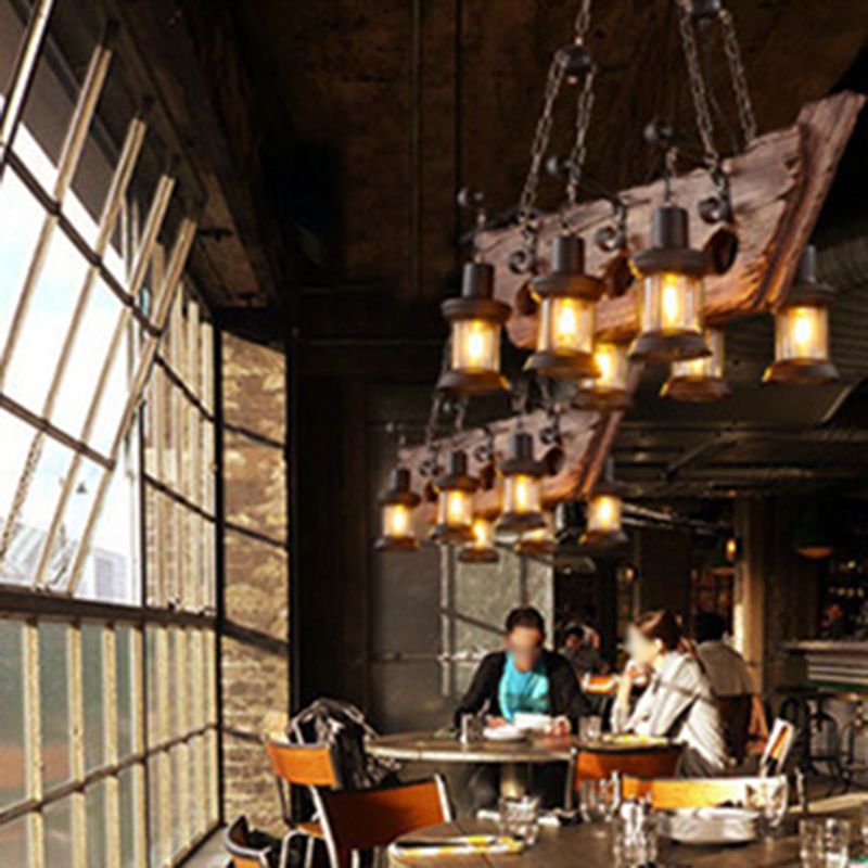 Wrought Iron Adjustable Island Pendant Light in Industrial Vintage Style Wooden 6-Light Ceiling Light for Dining Room