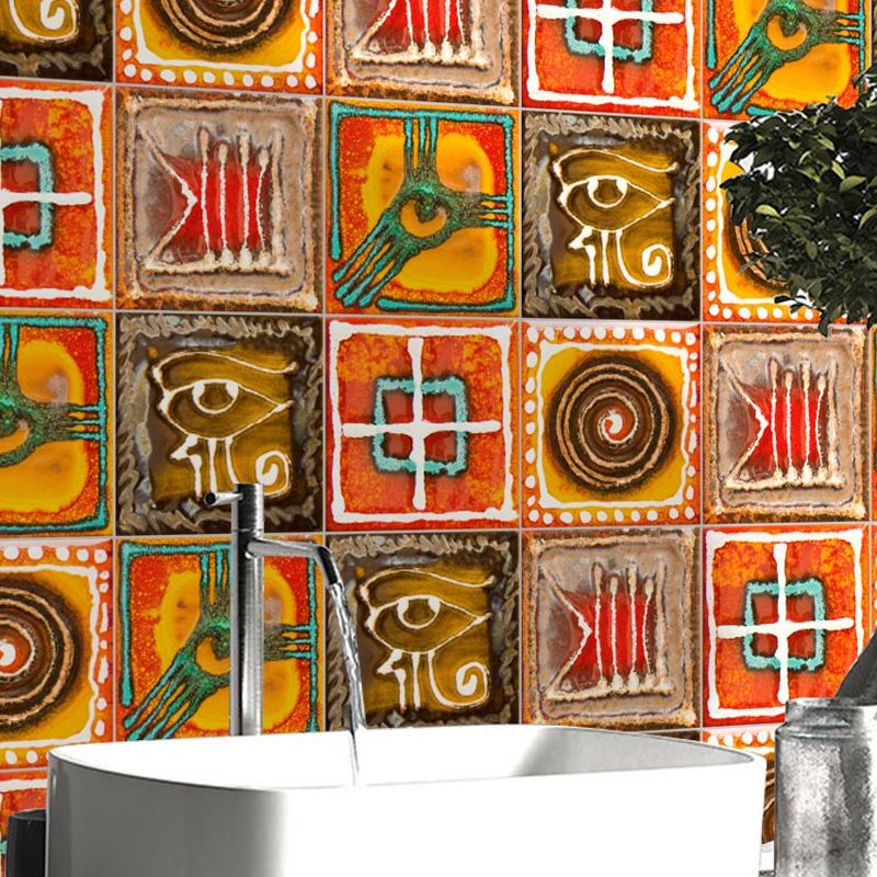 Orange Tribal Pattern Wallpaper Panels Adhesive Boho-Chic Living Room Wall Covering (50 Pcs)