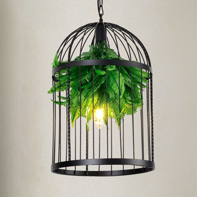 Black Bird Cage Hanging Lamp Farmhouse Iron 1 Light Restaurant Ceiling Pendant Light with Plant Decor