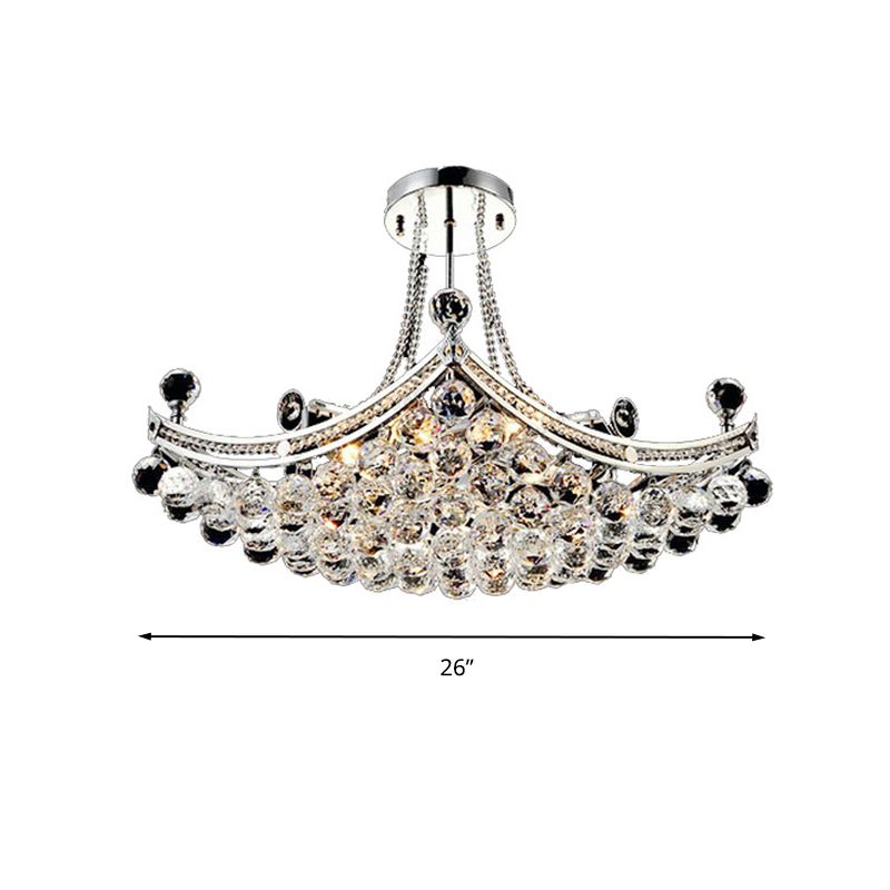 Chrome 6 Lights Semi Flush Light Modern Crystal Boat Shaped Semi-Flush Mount Ceiling Fixture