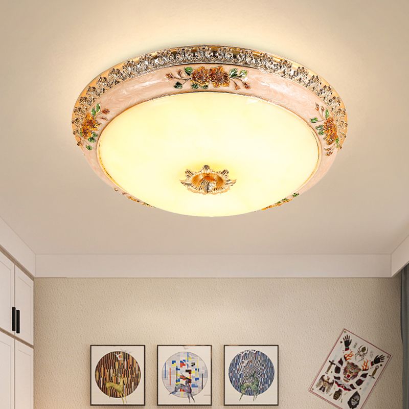 Resin Carved Floral Flushmount Lamp Korea Countryside LED Bedroom Flush Ceiling Light in Gold
