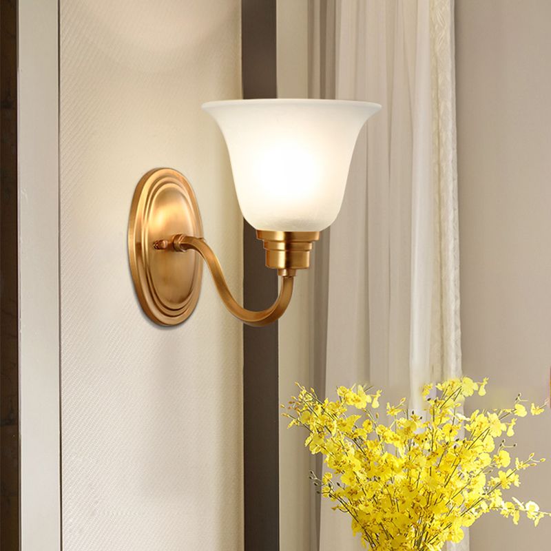 1 Head Frost Glass Wall Lighting Vintage Gold Flared Shape Bedside Wall Mounted Light Fixture