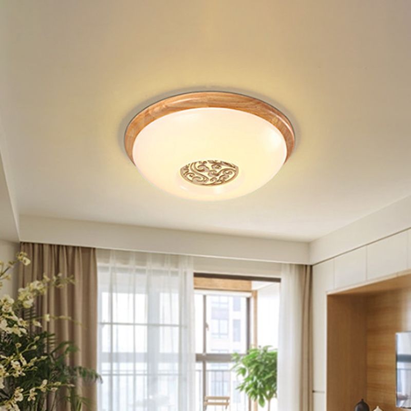 Wood Bowl Ceiling Flush Mount Modern 14"/16"/18" W LED Acrylic Flushmount Lighting with Swirl Floral Carve, Warm/White Light