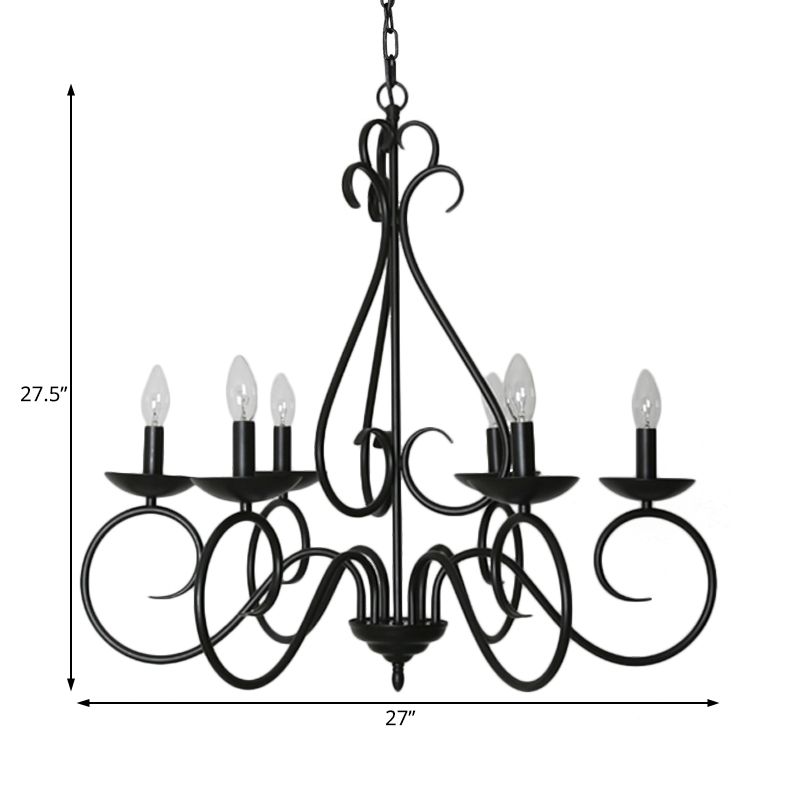 6 Lights Swirled Arm Chandelier Light Kit Traditional Black Metal Suspension Light for Dining Room
