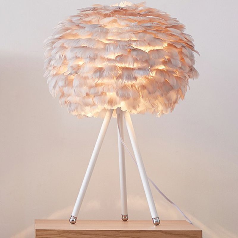 Round Shade Table Lighting Minimalistic Feather 1��Bulb Living Room Nightstand Lamp