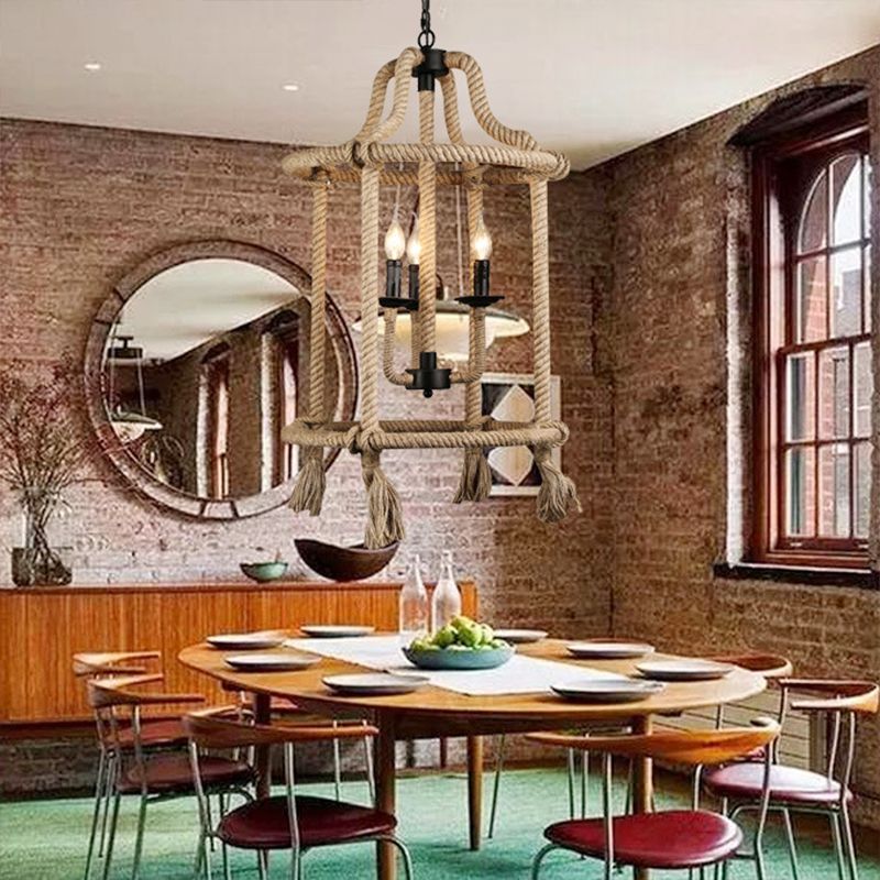 Brown Geometric Ceiling Light with Cage Shade Retro Style Hemp Rope 3 Lights Dining Room Chandelier Lighting