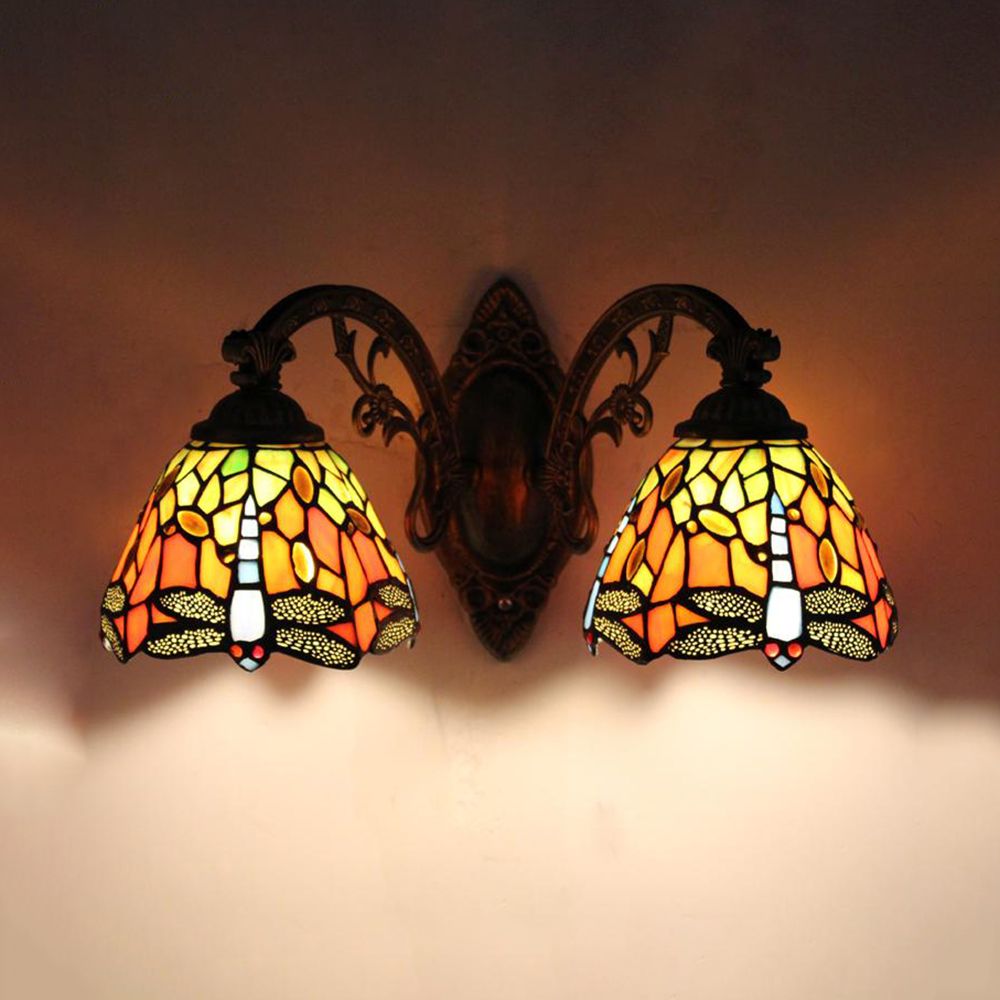 Rustic Loft Dragonfly Sconce Lamp with Curved Arm Stained Glass Double Wall Light for Bedroom
