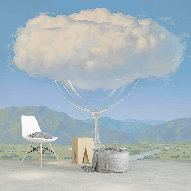 Surreal Glass of Cloud Mural Decal Blue and White Bedroom Wall Covering, Made to Measure