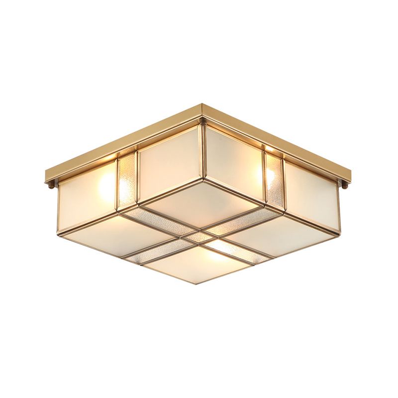 2/4 Lights Frosted Glass Flush Mount Lighting Fixture Vintage Brass Square Bedroom Close to Ceiling Light