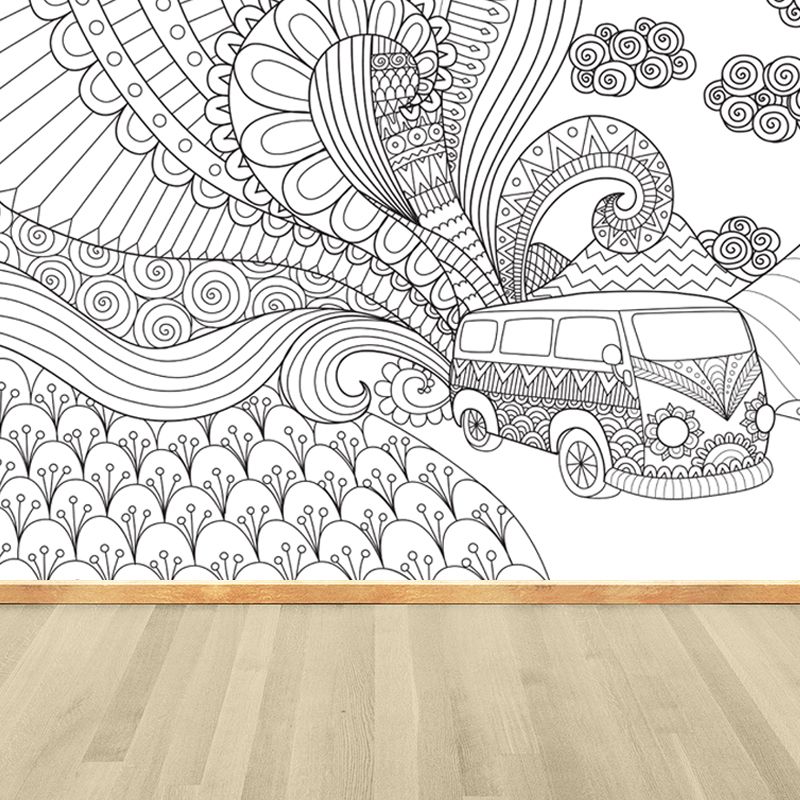 Full Size Cartoon Wallpaper Mural Black and White Hand Print Landscape Wall Covering, Custom Made