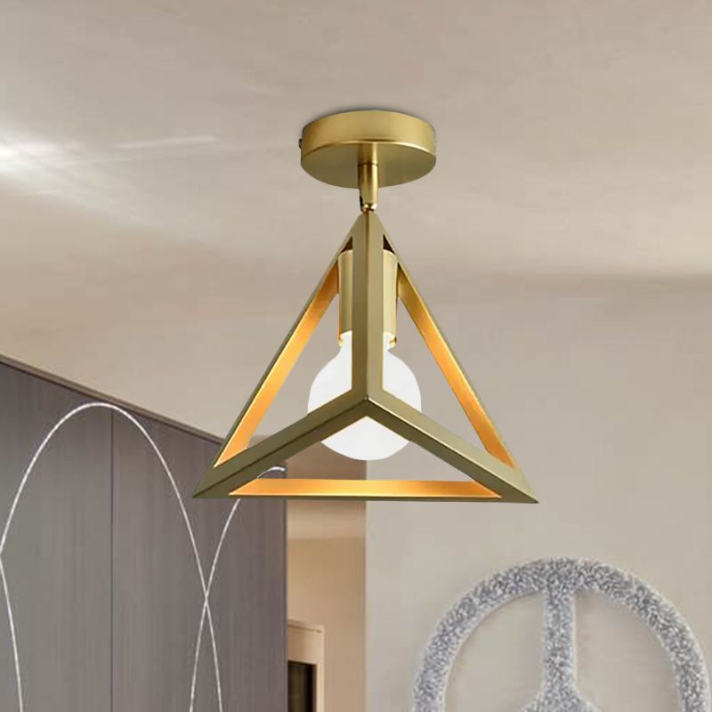 Global/Triangle Metallic Semi Flush Mount Light with Wire Frame Industrial 1 Head Bedroom Ceiling Lamp in Brass