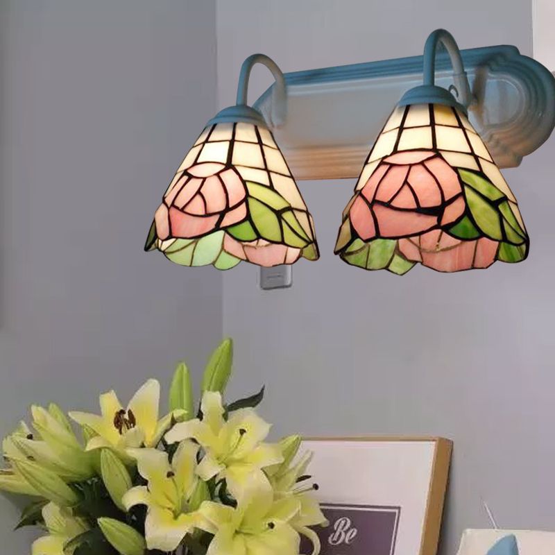 Pink Rose Wall Mount Light Victorian 2 Heads Multicolor Stained Glass Sconce Lighting