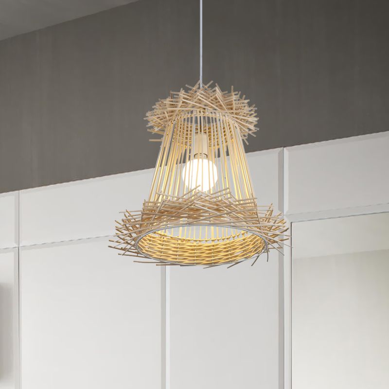 Lámpara colgante de techo de techo de techo de cono de ratán Una luz de madera ligera para el comedor
