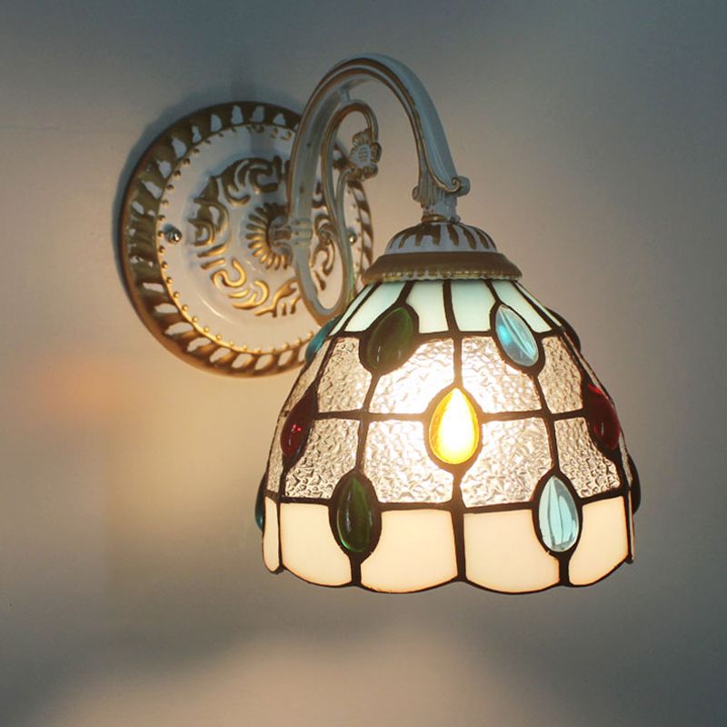 1-Head Scalloped Wall Light Tiffany Style Handcrafted Glass Wall Sconce for Living Room