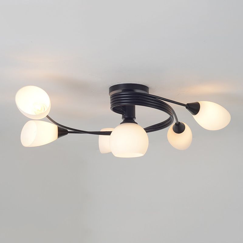 Black Radial Semi Flush Mount in Traditional Retro Style Wrought Iron Ceiling Light with Glass Shade