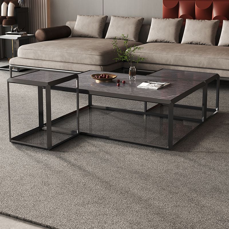 Geometric Slate & Glass Coffee Table Modern Simple Cocktail Table with Floor Shelf