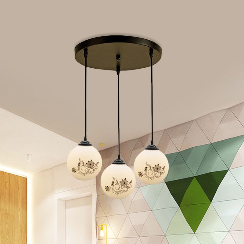 Black Sphere Multi Ceiling Lamp Modernism White Printing Glass 3-Light Dining Room Pendant with Round/Linear Canopy