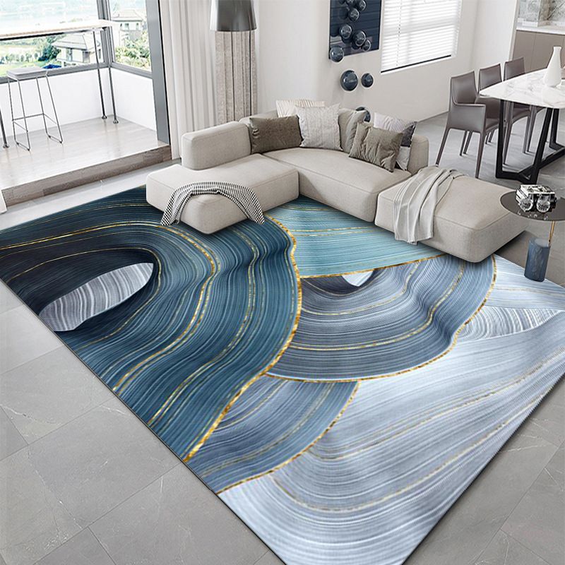 Creative Blue Tone Carpet Washable Abstract Print Indoor Rug Polyester Carpet with Anti-Slip Backing