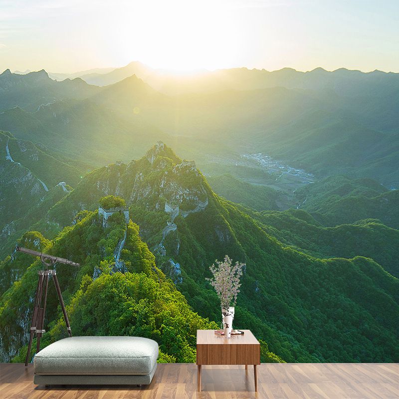 Full-Size Scenic View Mural for Home Sunrise in the Great Wall Wall Decor in Green, Waterproof