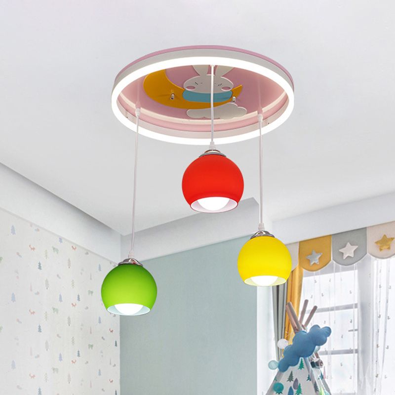 Rabbit Pattern Circle Semi Flush Light Cartoon Acrylic 3-Head Pink Ceiling Mount Lamp with Dangling Colorful Dome Shade