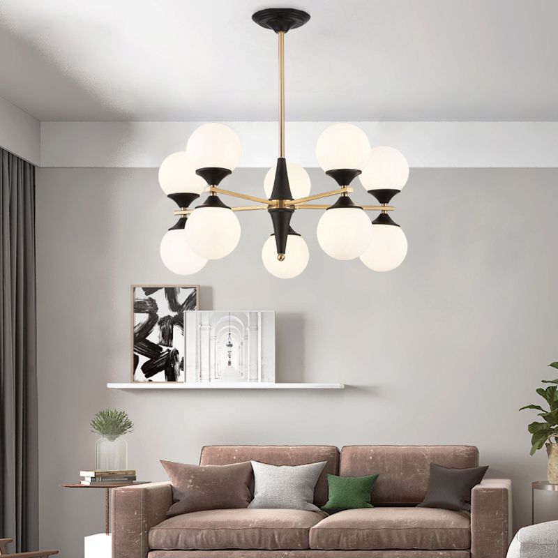 Globe Chandelier Post-modern White Glass Living Room Hanging Light in Black and Gold